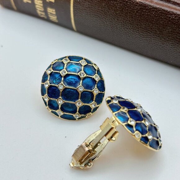 Vintage 1980s Butler Clip-On Earrings, Blue-Green Enamel & Rhinestones - Picture 6 of 9